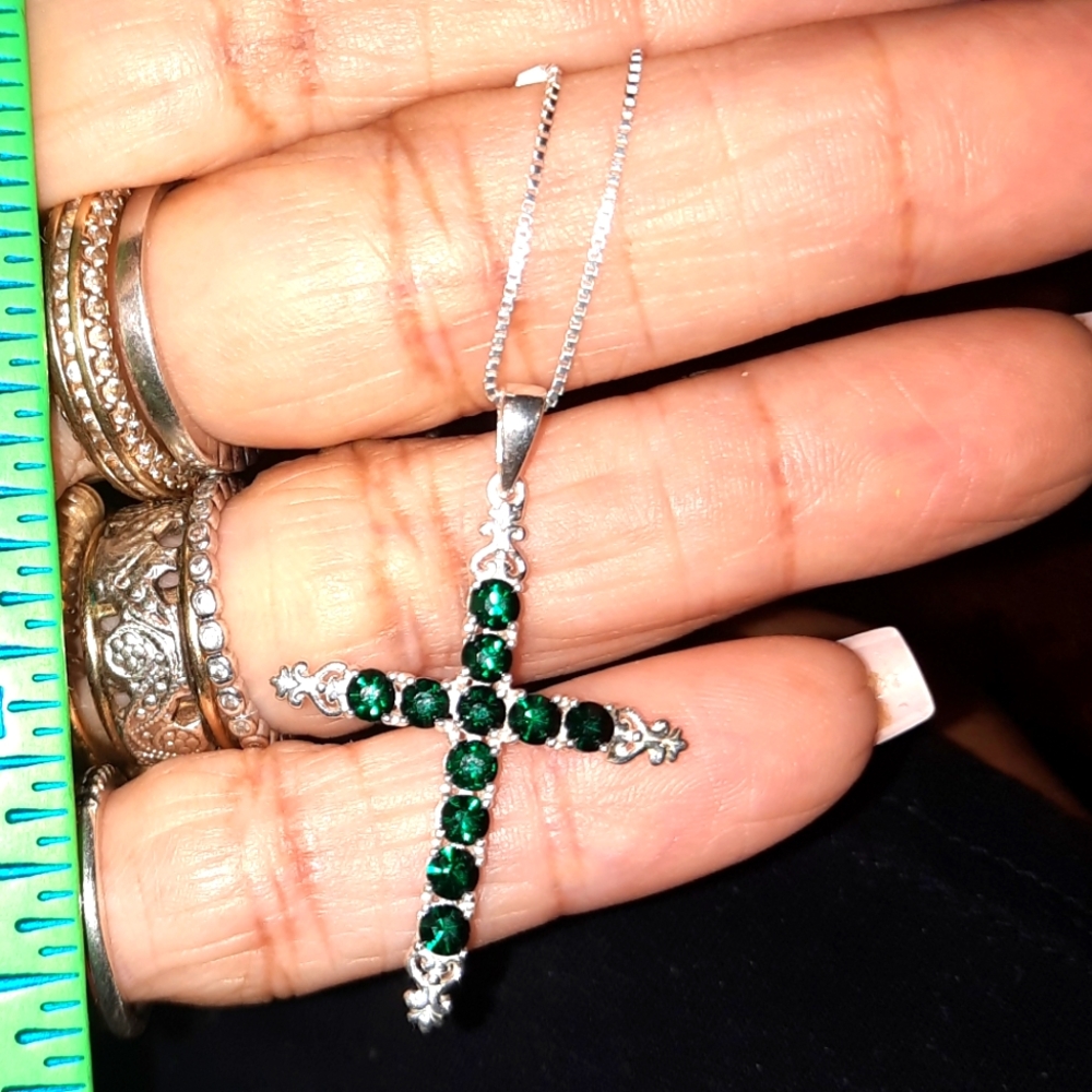 GENUINE STERLING SILVER EMERALD CZ CROSS Necklace BOLO adjustable UpTo 24" Chain